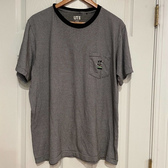 Disney Mickey Mouse Uniqlo Black & White Pin Stripe Short Sleeve Shirt Sz L - Picture 8 of 9